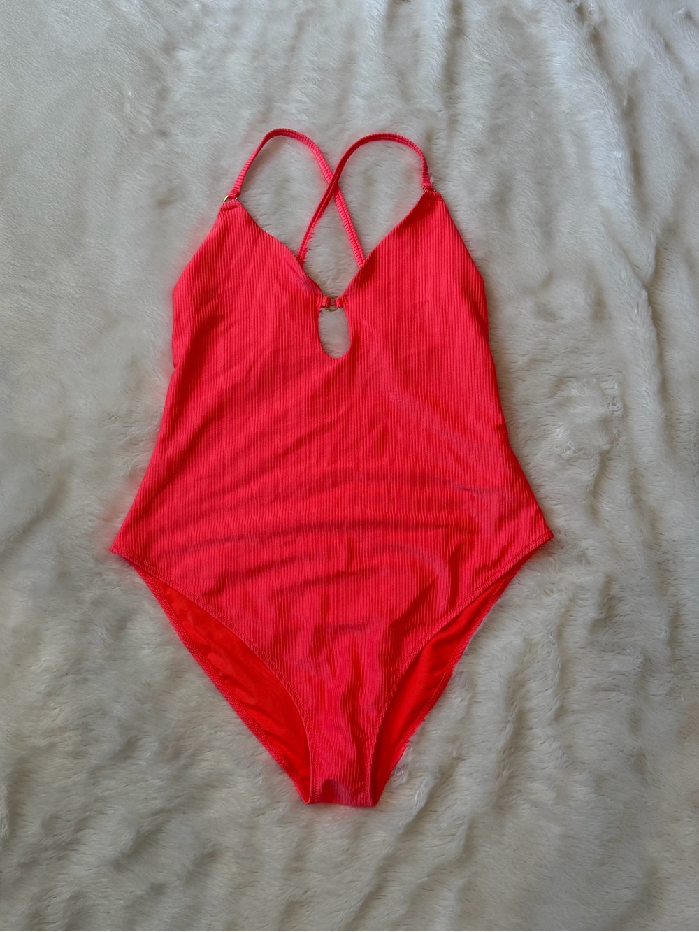 aerie Ribbed Neon Coral One-Piece Swimsuit with Keyhole and Crisscross Straps